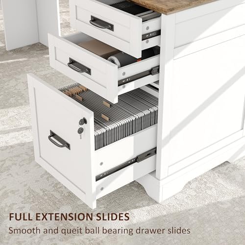 Whalefall Farmhouse L Shaped Desk with Drawers, 67 Inch Executive Home Office Desk with File Cabinet, Computer Corner Desk with Charging Station, White - Thumbnail 2