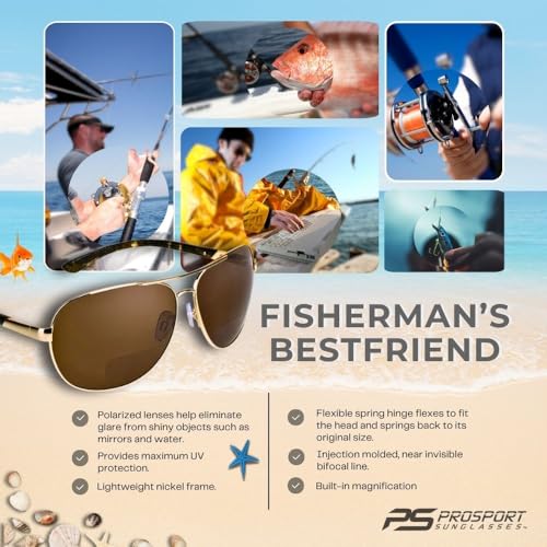 Image of proSPORT Polarized Bifocal Aviator Reading Sunglasses Men, Fishing Sunglass Readers, UV400 Polarized Lens, Driving Golf Beach