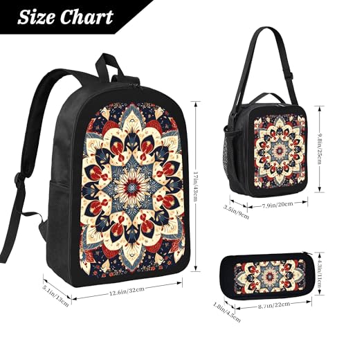 Ethnic Mandala Colorful 3 Pcs 17 Inches Backpack Set with Insulated Lunch Bag And Pencil Pouch Large Back Pack for Men Women Lunchbox Pencil Case Waterproof Backpacks Lunch Box 3 Piece Daypacks4