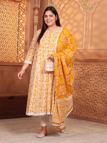 Image of MEERA FAB Women's Pure Cotton Printed Anarkali Kurta with Palazzos & Dupatta