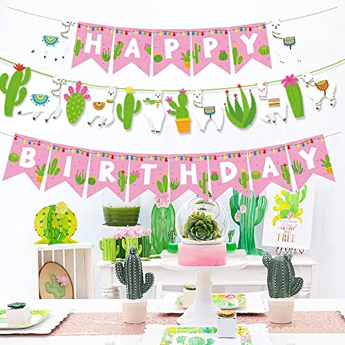 LaVenty Set of 2 Llama Happy Birthday Banner Cactus Banner Fiesta Party Decoration Mexican themed Party Supplies Kid Llama Photo Background