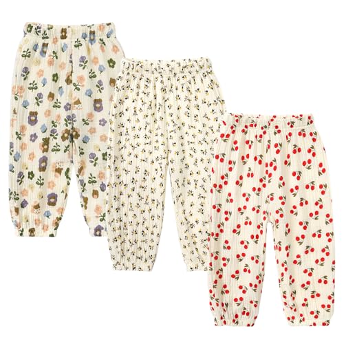 Image of Kids Tales 3 Pack Boys Girls Cotton Linen Pants Child Basic Plain Solid Trousers Big Kids Elastic Waist Long Pants Bloomers