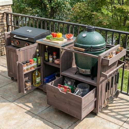 Image of Merax 80.5 inch Outdoor Kitchen Island for Big Green Egg& Blackstone Griddle, Solid Wood Grill Cart Table with Stainless Steel Top, for Large Big Green Egg and 21 inch /28 inch Blackstone Griddle, Dark Brown