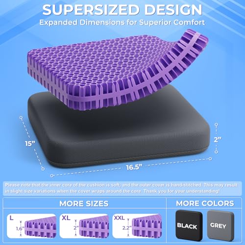 TushGuard Gel Seat Cushion for Long Sitting, Enlarged & Thickened Patent Design Office Chair Seat Cushion, Breathable Cooling Pads for Chairs, Soft Car Cushions for Wheelchair(X-Large, Grey)