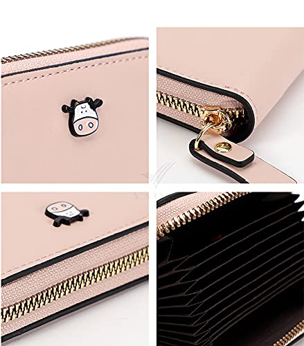 Image of Girls Cute Cow Credit Card Holder Zipper Wallet with 9 Card Slots & 2 Cash Pockets Coin Purse for Teen Women (PINK)