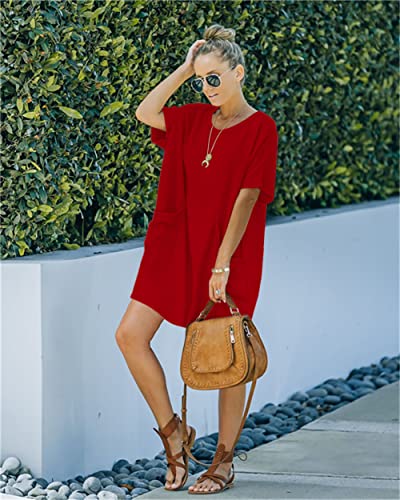 Image of Women's Casual Summer T Shirt Dress Elastic Loose Short Sleeve Dress with Pocket for Women