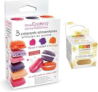 3 colorantes alimentarios naranja, púrpura, rosa + Brillo dorado comestible
