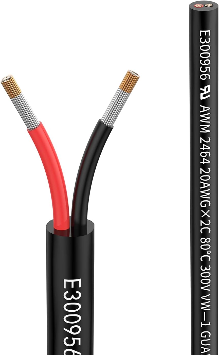 20 Awg 0.5mm² 20/2 Gauge Electrical Wire 2 Conductor Extension Cable 50 Foot UL2464 DC 5V/12V/24V/300V Oxygen Free Stranded Tinned Copper Wire Low Voltage LED Cable for LED Lamps Automotive