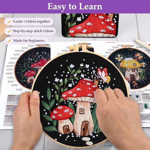 Image of Uniartfy 3 Sets Embroidery Kit for Adults Beginners, Needlepoint Kits Cross Stitch, Hand Embroidery Starter Kit with Mushroom Stamped Patterns, Hoop, Tools, Colorful Threads with Needles, Instructions