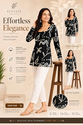 Image of Women's Cotton Printed Tunic Top | Square Neck Full Sleeve Casual Western Top | Trendy Longline Printed Top for Women | Stylish Party, Office