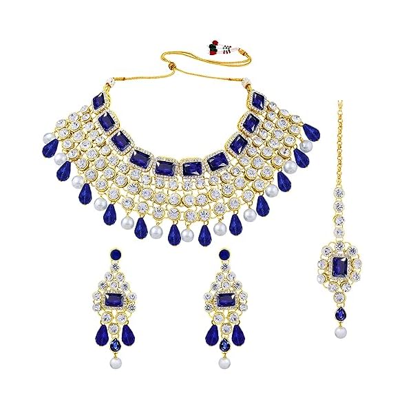 Peora Crystal Choker Necklace with Maang Tikka Earrings Indian Traditional Bridal Wedding Jewellery Set for Women - Image 6