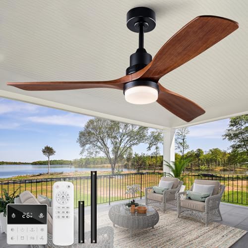 Image of 52 Inch Outdoor Ceiling Fans with Lights and Remote Control, Dimmable Outdoor Ceiling Fans for Patios 3 Blade Wood Black Walnut Bedroom Ceiling Fan with Light, Wall Switch