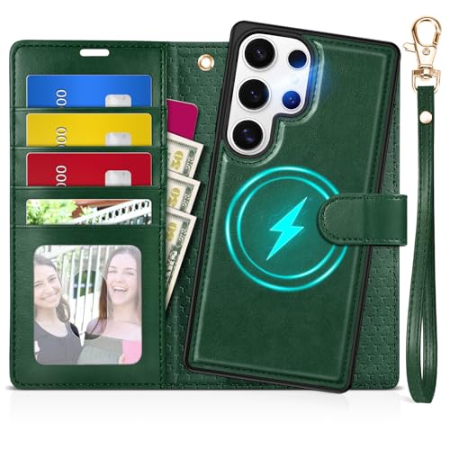 TUCCH Wallet Case for Galaxy S25 Ultra, [Removable] 2 in 1 [Wireless Charging] Wrist Strap RFID Blocking [4 Card Slot] PU Leather Stand Cover, Magnetic Detachable Folio for Galaxy S25 Ultra, Evergreen
