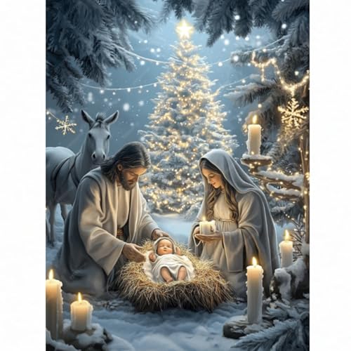 Jesus Nativity Diamond Art Kits for Adults-Christmas Jesus Born 5D Diamond Painting Kits for Adults Beginners DIY Full Drill Diamonds Christian Gem Art Kits for Gift and Home Decoration(12x16 inch)