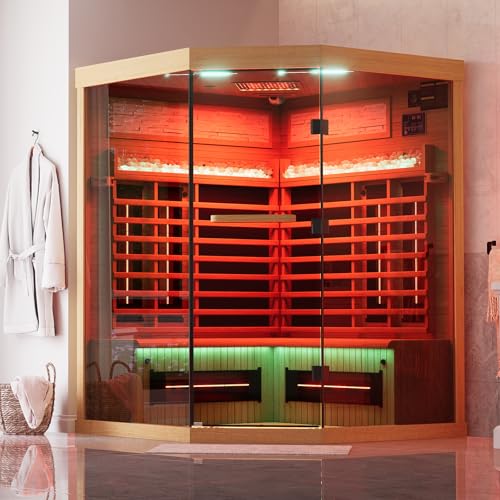 MEISSALIVVE Full Spectrum Infrared Sauna，4 Person Home Sauna，Wooden Canadian Hemlock Luxury Indoor Spa Sauna with Resonance Speaker, Panoramic Tempered Glass Door