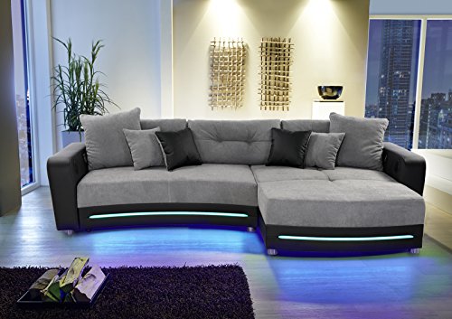 Multimedia Ecksofa B322/T190/H88 cm mit RGB-LED Beleuchtung, Soundsystem inkl. Bluetooth, USB, AUX-in, Couch spiegelverkehrt montierbar, Korpus Kunstleder Schwarz u. Bezug Mikrofaser Grau / 15411 – Bild 3
