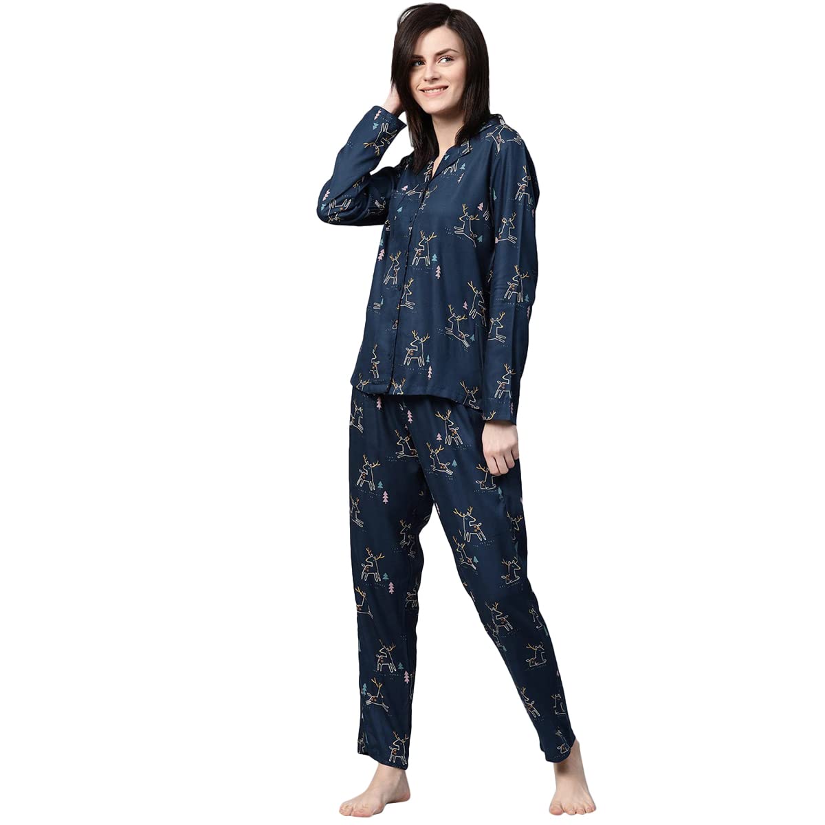 drape in vogue Cotton Night Suit with Deer Printed, Full Sleeves Night Wear Pyjama Set for Women/Girls(Blue)-picture-38