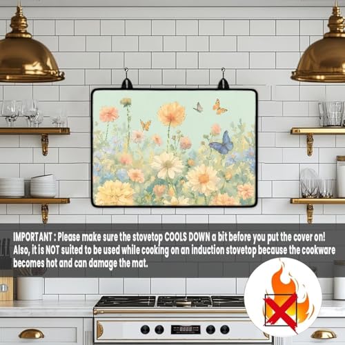 Image of Daisy Floral Butterfly Gas Burners Top Covers Non-slip Extra Large Stove Top Cover for Electric Waterproof Rubber Base Surface Heart Resistant Oven Cover Mat 30x21 Inch Easy to Storage