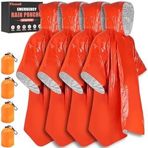 4 Pack Emergency Rain Poncho with Mylar Blanket Liner, Thermal Poncho Survival Blankets,Waterproof Emergency Thermal Blanket for Survival Gear,Camping,Hiking,Outdoor,Heavy Duty (Orange)