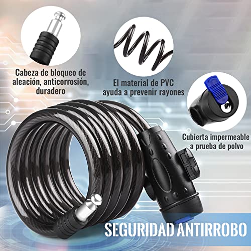 Candado Bicicleta, [Larga-1.8M] Diyife Candado de Cable, Impermeable Cadena Bici, Candados Antirrobo Bicicletas con Montatura, Largo Exterior Candado de Cable MTB Patinete Carretilla Bici - imagen 2