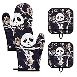 Stupid Cute Panda Oven Mitts and Potholders, Non-Slip Heat Resistant Soft Lining Good Grip Oven Mitts Set for Cooking BBQ Baking Kitchen Microwave (4-Piece Set)