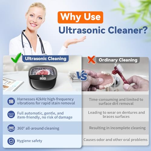 Image of Ultrasonic Retainer Cleaner Machine, 45kHz Dental Cleaning Pod for Dentures, Aligners, Night Guards & Jewelry, 130ML Denture Cleaner 2 Timed Modes & Travel Design