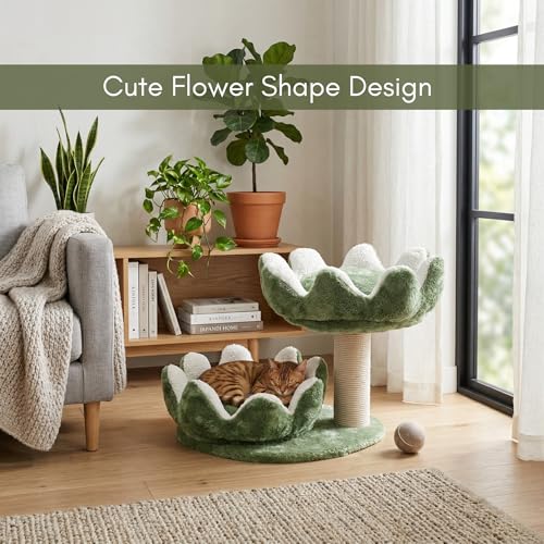Image of 2-Tier Flower-Shaped Cat Tree with Sisal Scratching Post, Plush Beds, Green, 16x19x18 Inch (FURR-004-FLOWER) (Green)