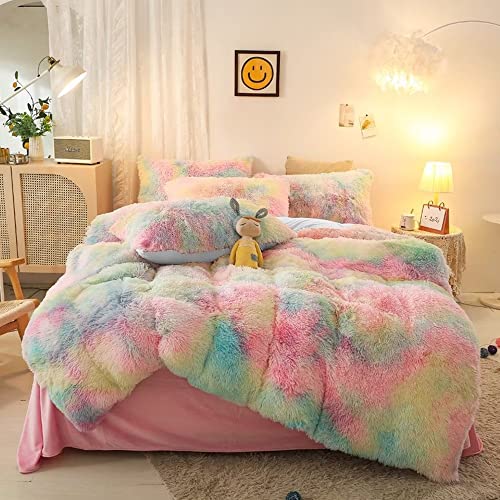 Kxry Plush Rainbow Shaggy Bedding Set Twin Size For Girls Women Kids Fluffy Crystal Velvet Duvet Cover Faux Fur 1 Duvet Cover + 1 Pillow Case #TOP4