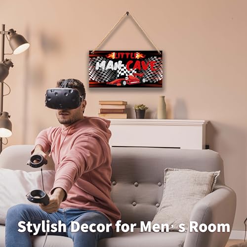 Image of Little Man Cave Sign for Boys Car Room Wall Decor | Wooden Door Sign Decorations for Men Teenager Bedroom Nursery Playroom - 6 inchx12 inch -A04