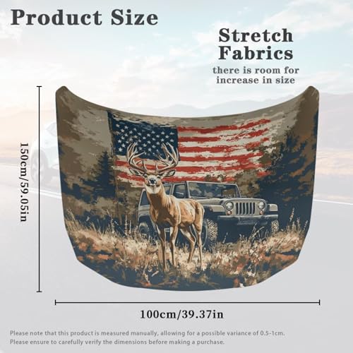 Image of American Flag Deer Car Hood Cover Protector 59x39 Inch Waterproof Sun Proof Car Hood Wrap Blankets Automotive Exterior Accessories for Most SUV Sedans Trucks Pickup