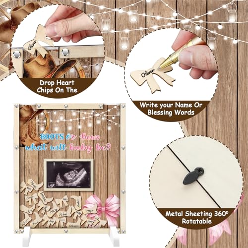 Image of Beeveer 65 Pcs Boots or Bows Gender Reveal Baby Shower Guest Book Alternatives Western Gender Reveal Decorations Sign in Guest Book with Picture Frame and 60 Wooden Chip for He or She Party Keepsake