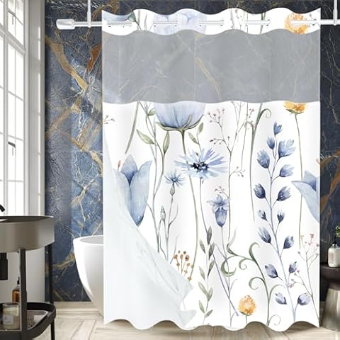 Shower Curtain and Liner Set, No Hooks Shower Curtain with Snap in Fabric Liner, Watercolor Floral Cloth Shower Curtain with Liner for Bathroom, Waterproof & Washable (Blue Blossom, 71W X 74H Inches) Cover