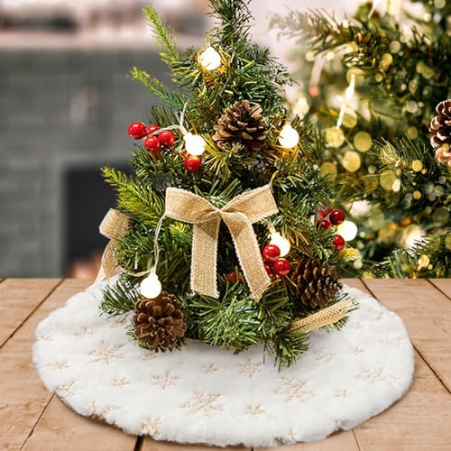 DegGod Plush Christmas Tree Skirts, 24 inches Luxury Snowy White Faux Fur Small Xmas Tree Base Cover Mat with Gold Snowflakes for Xmas New Year Home Party Decorations
