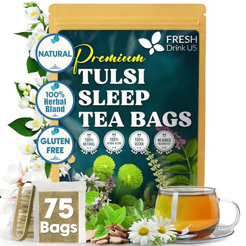 Image of FreshDrinkUS, Tulsi Sleep Tea Bags | 75 Tea Bags | Herbal Blend with Tulsi Holy Basil, Chamomile, Gotu Kola, Ashwagandha & Peppermint | Naturally Caffeine-Free, Relaxing Evening Herbal Tea. Vegan
