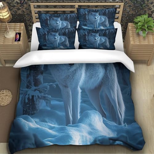 Drap de couette loup d'hiver microfibre imprimé 3D avec taies d'oreiller