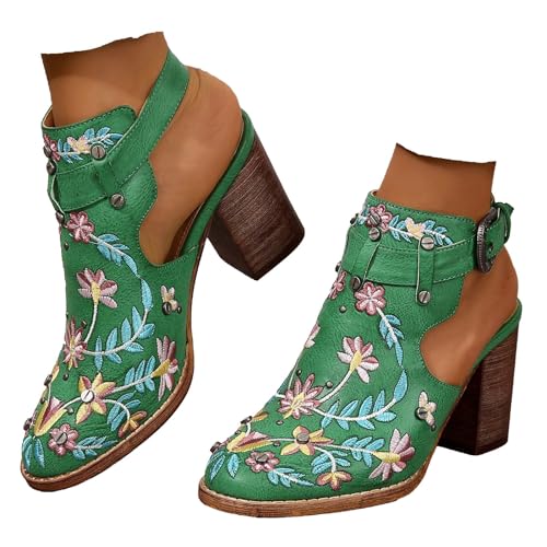 Women's Floral Embroidered Ankle Boots Round Toe Buckled Backless Western Vintage Wooden Chunky Heeled Shorts Booties