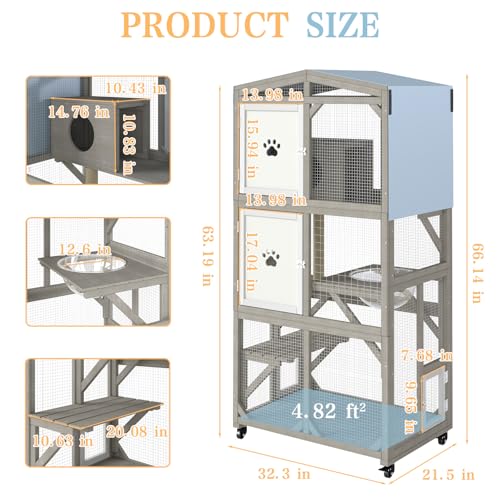Image of Ketive 66 inch H Large Wooden Catio Outdoor Cat Enclosure with Wheels