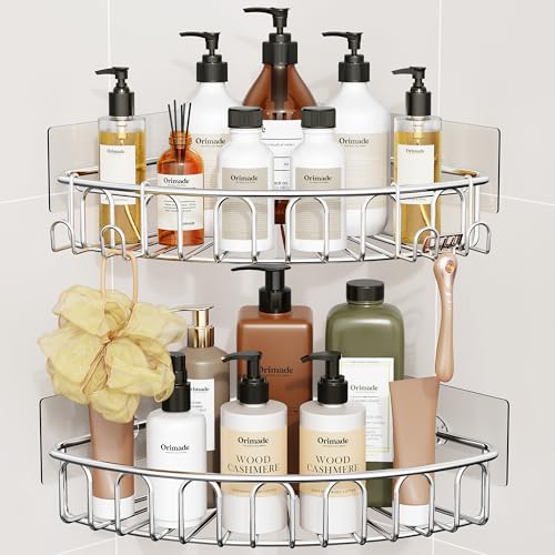 Orimade Corner Shower Caddy Stainless Steel with Hooks Wall Mounted Bathroom Shelf Storage Organizer Adhesive No Drilling 2 Pack, Silver Only for 90-Degree Corner