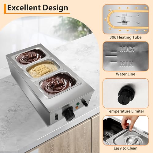 Chocolate Melting Machine, 3 Tanks Stainless Steel Chocolate Tempering Machine with Lid, 1200 W Electric Commercial Food Warmer with Temperature Control Probe for Milk, Coffee, Cheese