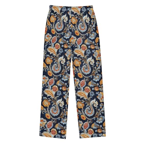 Pajama Pants Orange Blue Paisley Motifs Floral PJ Bottoms Sleepwear Lounge Sleep Pant with Pockets