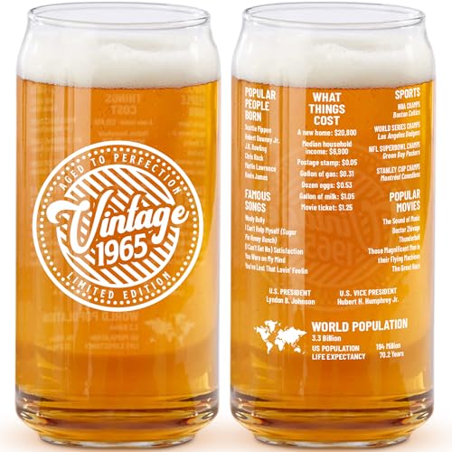 60th Birthday Gift For Men - 20 Oz Vintage - 60th Birthday Gift for Men Women - Vintage 1965 Two-Sided Beer Can Glass (1 Count) - Funny Unique Gift for His or Her 60th Birthday or Anniversary (1965)