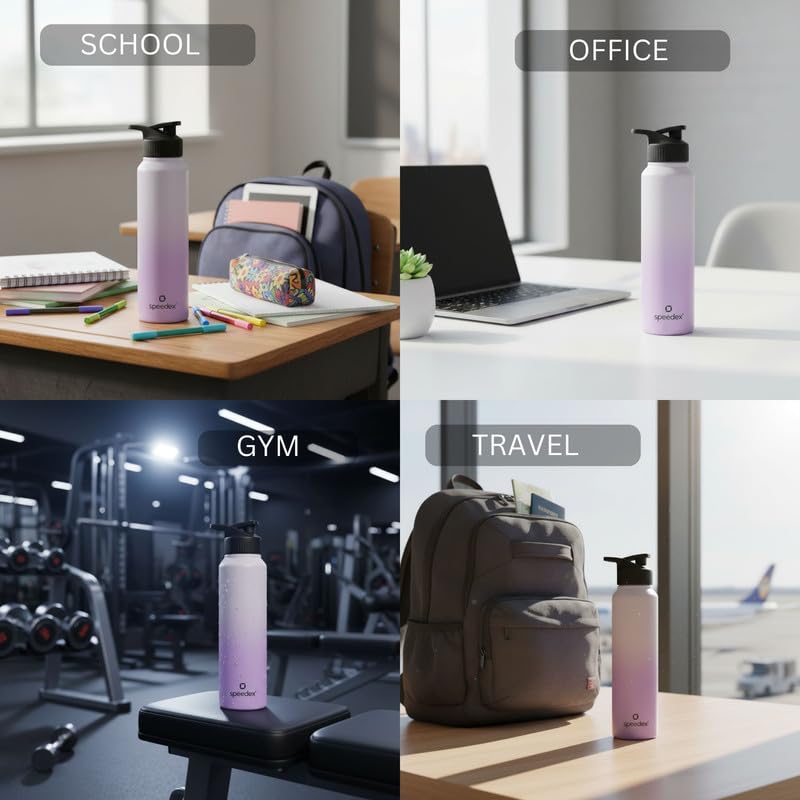 Image of Speedex Stainless Steel Metal Water Bottle 1 Ltr 1000 ml, BIS Approved, Leak Proof Sipper Cap Bottle for Office, School, Gym, Travel, Daily Use for Men, Women, Kids, Adults, Dual Purple, Set of 4