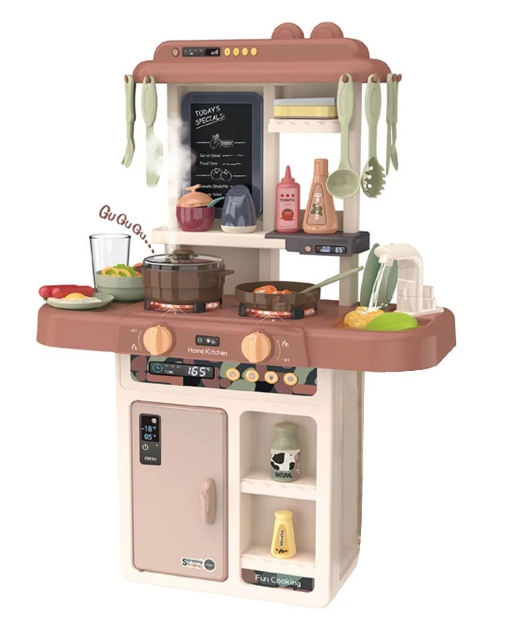 Cocina de Juguete niños Unisex, Incluye 36 Accesorios, fogones eléctricos con simulación de Fuego, Grifo con Bomba de Agua, Pizarra y Mucho más Juguetes + 3 años (Marrón)