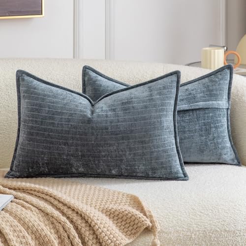 Image of Madizz Pack of 2 Decorative Striped Cushion Covers Vintage Boho Soft Chenille Throw Pillows Luxurious Pillow Cases for Couch Sofa Bedroom Living Room 30x50 CM, Dark Blue Grey