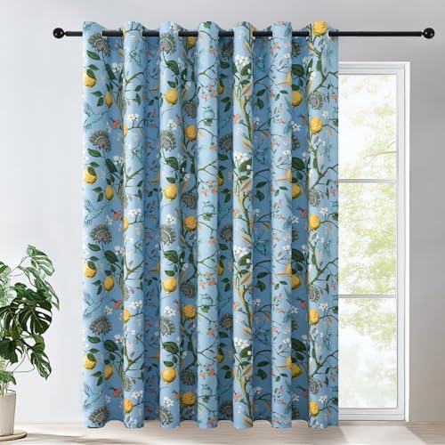Image of Topfinel Sliding Door Patio Floral Curtains & Drapes, Blackout Extra Wide Room Divider Large Blue Vintage Farmhouse Country Hummingbird Patterned Grommet Curtains 1 Single Panels W100 x L84
