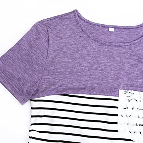 Debelly Maternity Striped Shirts Short Sleeve Pregnancy Summer Tee Color Block Mama Tunic Tops Side Ruched Crew Neck Blouse With Crochet Pocket,Purple,Xl #TOP2