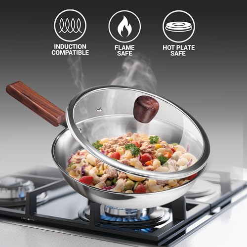 Image of MILTON Pro cook Induction Cookware & Gas Stove Friendly Triply Stainless Steel Fry Pan 20 cm with Glass Lid & Wooden Handle | Heavy Bottom Frying Pan | Healthy Low-Oil Cooking | 3Y Warranty | Silver