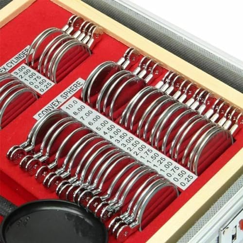 Zestaw oprawek do testów optometrycznych z soczewkami w metalowej oprawie w aluminiowym etui, niezbędny do profesjonalnego użytku optometrystów