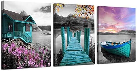 Ardemy Teal Wall Art Landscape Lake House Canvas Painting Cabin Purple Sailboat Pictures, Summer Cottage Farmhouse Artwork Framed for Bathroom Living Room Bedroom Kitchen Wall Decor 16"x20"x3 Panels