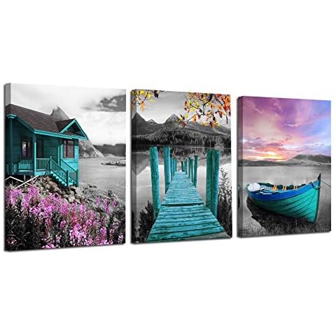 Ardemy Teal Wall Art Landscape Lake Canvas Painting Cabin Purple Sail Boat Pictures Modern Cottage Artwork Framed for Bathroom Living Room Bedroom Kitchen Wall Decor, Ready to Hang 12"x16"x3 Panels Cover